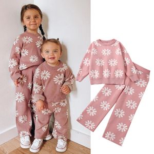 Focusnorm 1-6Y Winter Toddler Kids Girls Warm Sets Sets Sunflowers Knitle Sweter z długimi rękawami Topwide Pants 231225