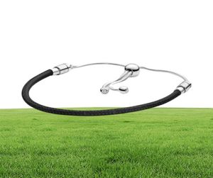 100 925 Sterling Silver Black Leather Slider Bracelet Chain Classic Round Clasp Fashion Women Wedding Engagement Jewelry Accessor6644094