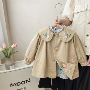 1-8Y Kids Girls Trench Coat Floral Embroidery Peter Pan Collar Versatile Windbreaker Children Casual One Breasted A-Line Jackets 231225