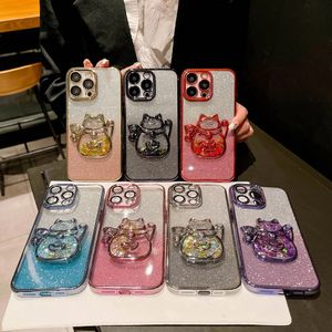 Nyårsgradient Glitter Liquid Quicksand Lucky Money Cat Case för iPhone 11 12 13 14 15 Pro Max Luxury Electroplate stötsäker täckning
