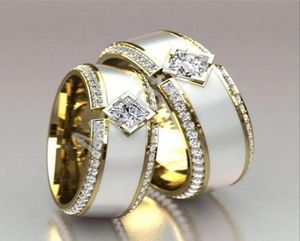 Pierścionki ślubne klasyki złoty kolor pary pierścionka biała szkliwa cyrkon obietnica obietnicy zaręczynowej biżuterii prezent dla mężczyzn Kobiety 1991188