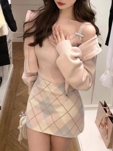 Work Dresses Winter Kawaii Knitted 3 Piece Set Women Bow Sweet Elegant Skirt Suit Female Long Sleeve Coat Pink Vest Plaid Mini 2023