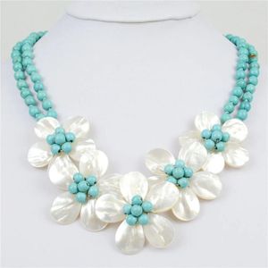 CHOKER 2 ROW Strand Natural White Shell Flower Collece для женщин подвесные ожерелья ручной работы синие каменные бусины длиной 6 мм 18-19 