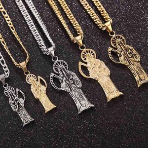 316L Aço inoxidável Santa Santa Morte Santa Muerte Pingente com Chain Chain de 9 mm Men's Gold Tone Diy Jóias Fazendo Presentes212d