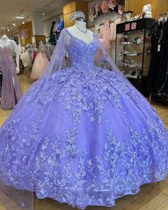 Quinceanera sukienki lawend impreza balowa suknia balowa bez rękawów aplikacja tiulowa 3D Kwiki kwiatowe