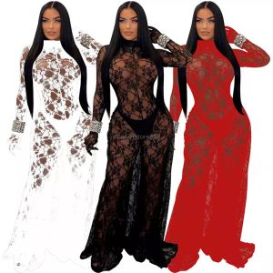 2024 Designer Sexy Hollow Out Suitsuits Women Women Sheer Sheer Lace Rompers Gamba larga a manica lunga See attraverso le tute da salto night club indossare abiti all'ingrosso