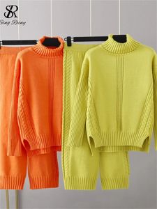 Singreiny Women Sweater أزياء أزياء غير رسمية مجموعات لذيذة فضفاضة سميكة متماسكة الساق واسعة الساق الطويلة الشتاء قطعتين بدلات 231225