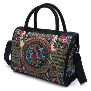 Väskor kvinnor blommor broderad handväska etnisk boho canvas shopping tote blixtlåsväska