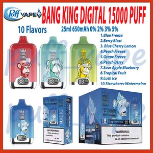 Authentic Bang King Digital 15000 Smart Screen E Cigarettes Mesh Coil 650mAh Battery 10 Flavors 0% 2% 3% 5% Disposable Vape Pen 25ml Pre-filled Pod VS Bang king 15000