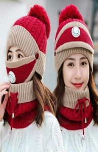 New Windproof Beanies Hat Women Warm Knit Hats Scarf Sets Female Winter Padded Mask Neck Protector 3 PC Set Cycling Wool Caps9616198