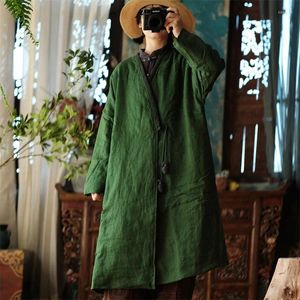 Women's Trench Coats Johnature Women Vintage Linen Warm Winter Parkas V-Neck Long Sleeve Loose Plus Cotton 2023 Green