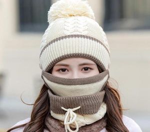 Beanieskull Caps Winter Mask Scarf Sticked Beanie Hat Set Women Warm Balaclava Hats Female Fashion Outdoor Cycling Thick Fleece H3529370