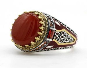 Turkey Jewelry Men Ring with Red Natural Agate Stone 925 Sterling Silver Vintage King Crown CZ Enamel Rings for Women Male Gift 213910877