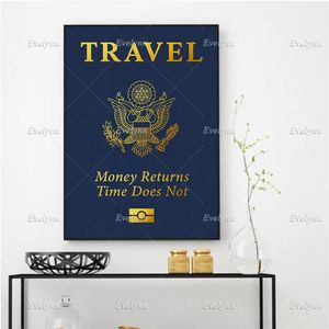 Paintings Motivational Inspirational Canvas Poster- Passport Travel Money Returns Time Does Not Wall Art Office Home De220b