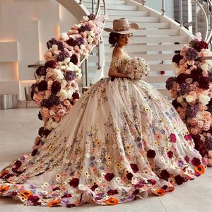 Champagne Ball Gown Quinceanera klänningar färgglada blommiga applikationer spets 3d blommor pärlor tull korsett vestidos de 15 anos