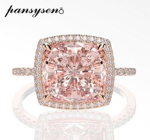 PANSYSEN 10MM Square Morganite Gemstone Rings for Women Solid 925 Sterling Silver Sparking Cocktail Ring Wedding Fine Jewelry 20102901342