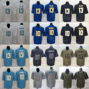 Män fotboll 10 Justin Herbert Jersey 13 Keenan Allen 52 Khalil Mack Gray Black Blue White Green Salut till Service Turn Back the Clock Brodery Color Rush