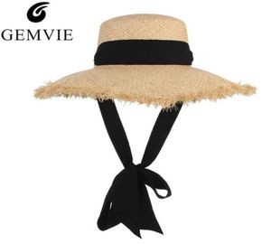Gemvie handgjorda vävning raffia sol för kvinnor svart band diskette grim stora fält halm hatt sommar strand cap fedora ny c190417012497806