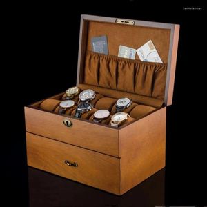 Caixas de relógio 20 grades Caixa de armazenamento Brown Wood Display Case com bloqueio Double-Deck Jewelry Collection Organizar