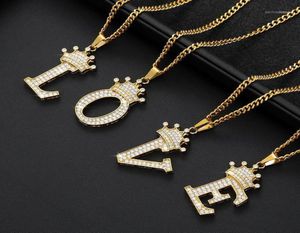 Kedjor Crystal Zircon Alphabet Pendant Halsband för kvinnor män Krona inledande bokstav halsband hiphop guldkedja smycken collier11247836