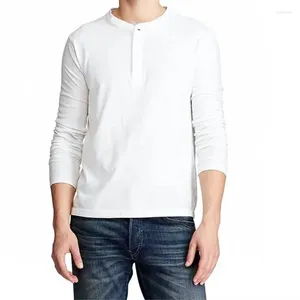 メンズTシャツ秋のプレーン織り生地綿男性Tシャツ馬長ティーカジュアルOネックボタンhomme通気性ボトムシャツ