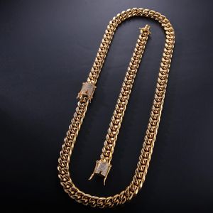 12mm 14mm Mens Cuban Miami Link Bracelet & Chain Set Rhinestone Clasp Stainless Steel Gold Hip Hop Necklace Chain Jewelry Set2812