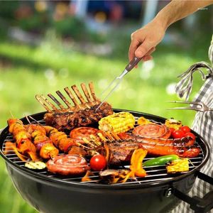 Forks BBQ Fork Large Barbecue Skewer Reusable Stainless Steel Kebab With Wooden Handle Outdoor Camping Picnic Tools