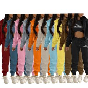 2024 Designer Fall Winter Fleece Sweatsuits 3 Pieces Set Women Tracksuits Casual Long Sleeve Hooded Jacket Vest and Pants Outfits Bulk grossistkläder 10429