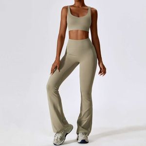 2024 Lu Lu Women's Collar Align Solid Color Diamond Crossover Beauty Back Flared Pants Set Gym Running Quick-drying Sportswear Yoga Lemon LL woman