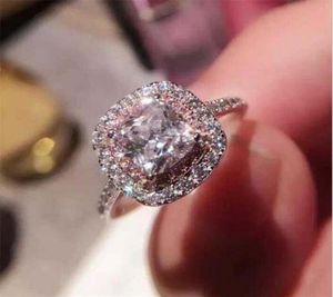 2021 Top Women Wedding Ring Luxury Jewelry Sparkling Real 925 Sterling Silver Cushion Shape White Topaz Cz Diamond Moissanite Gems8740334