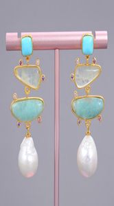 GuaiGuai Jewelry Freshwater White Pearl Blue Turquoise Green Amazonite Dangle Stud Earrings For Women Real Gems Stone Lady Fashion5179826