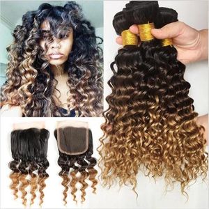 Wefts 9a Malaysian Virgin Ombre 3bunds med spetsstängning 4st Lot 1B/4/27 Honey Blonde Three Tone Malaysian Deep Curly Hair with Closu