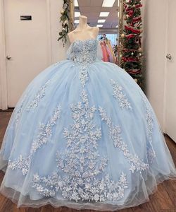 Quinceanera Dresses Light Blue Party Prom Ball Gown Off-Shoulder Seveless Aptlique Tulleカスタムジッパーレースアッププラスサイズ