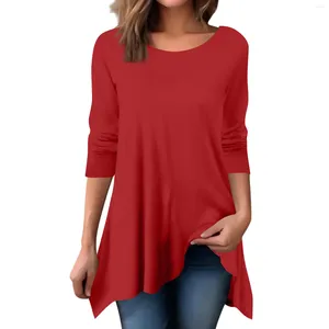 Women's T Shirts Women Pullover Tops Round Neck Long Sleeve Irregular Hem T-Shirt Solid Casual All-Match Middle Length Ropa De Mujer