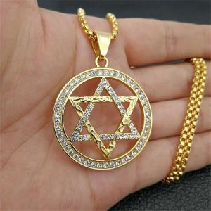 Hip Hop Davidstern-Anhänger-Halskette, goldene Farbe, 14 Karat Gelbgold, Hexagramm-Halskette für Damen/Herren, Iced Out Bling, jüdischer Schmuck