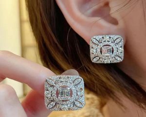 Ins Top Sell Stud Earring Vintage Jewelry 925 Sterling Silver T Princess Cut White Topaz CZ Diamond Gemstones Party Hollow Women W6361074