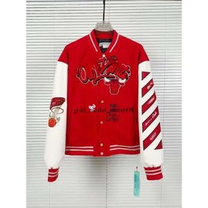 Off White Autumn Winter Brand Jacket New Coat Male and Female Lovers Ow Heavy Industry Embroidered Wool Spliced Leather Sleeve 78