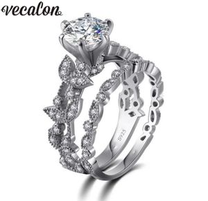 Vecalon Flower Jewelry 925 Sterling Silver Ring 5A Zircon CZ Stone Engagement Wedding Band Rings Set for Women Festival Gift9650455