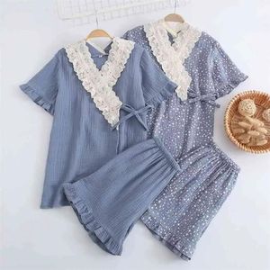 Roupas Estilo Japonês Kimono Senhoras Cor Sólida Manga Curta + Shorts Puro Algodão Dupla Gaze Pijama Calças de Dormir Terno Plus Size 210831