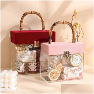 Verpackungspapier Großhandel Verpackung Luxuriöse quadratische klare Acryl-Geschenkboxen mit Rattangriff-Tragebox für Süßigkeitenschmuck Hochzeit Favo DHPVJ