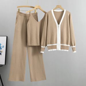 Fashion 3 Piece Set Women Sexy Vest Long Sleeve Zipper Cardigan Elastic Waist Pants Women's Tracksuit Knitted Suit 231226