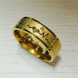 ファッション8mm Lover in Love Rings Gold Color 316LチタンスチールソリッドECGハートビート100ラブリング女性女子アライアンス300p