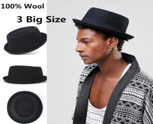 Chapéu masculino de torta de porco de lã tamanho grande 100 para pai chapéu fedora preto para cavalheiro flat bowler porkpie top jazz4204209