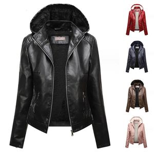 Inverno com capuz gola pu jaquetas de couro falso lã quente mulheres jaqueta de luxo preto rosa vermelho motociclista casaco de pele 231226