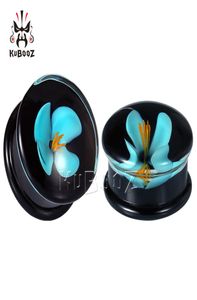 Kubooz Blue Flower Glass 단일 플레어 이어 플러그 및 터널 피어싱 귀걸이 게이지 확장 기체 보석 전체 8mm ~ 16mm 2494233