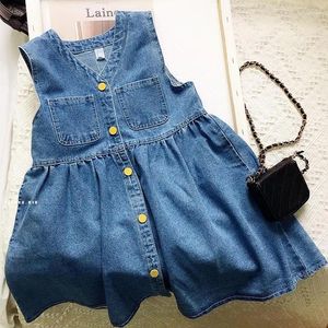 Vestidos da menina crianças meninas denim camisa vestido 2023 chegada crianças sem mangas colete jean princesa casual azul roupas de verão