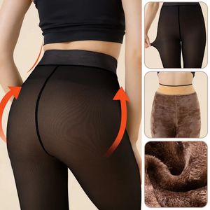 Winter Warm Black Brown Leggings Sexy Thermal Pantyhose Women Fleece Tights Ladies Fake Translucent Thermal Stockings 231226