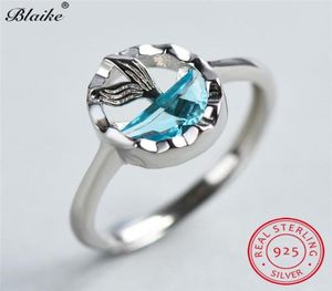 FashionSolid s925 Sterling Silver Mermaid Rings For Women Aquamarine Crystal Engagement Ring Cute Fairy Charm Wedding7366229