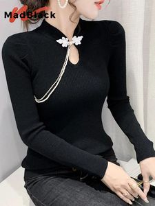 Women's Sweaters MadBlack European Clothes Women Mandarine Collar Beaded Warm Slim Knit Top Long Sleeve Pullovers Fall Winter T39832JC