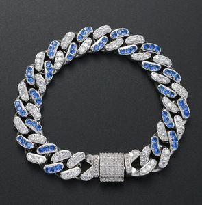 New Fashion Charm Bling Iced Out Cristallo blu CZ Bracciale Argento Zircone Gioielli Hiphop 12mm Bracciali a catena a maglia cubana per le donne M3933170